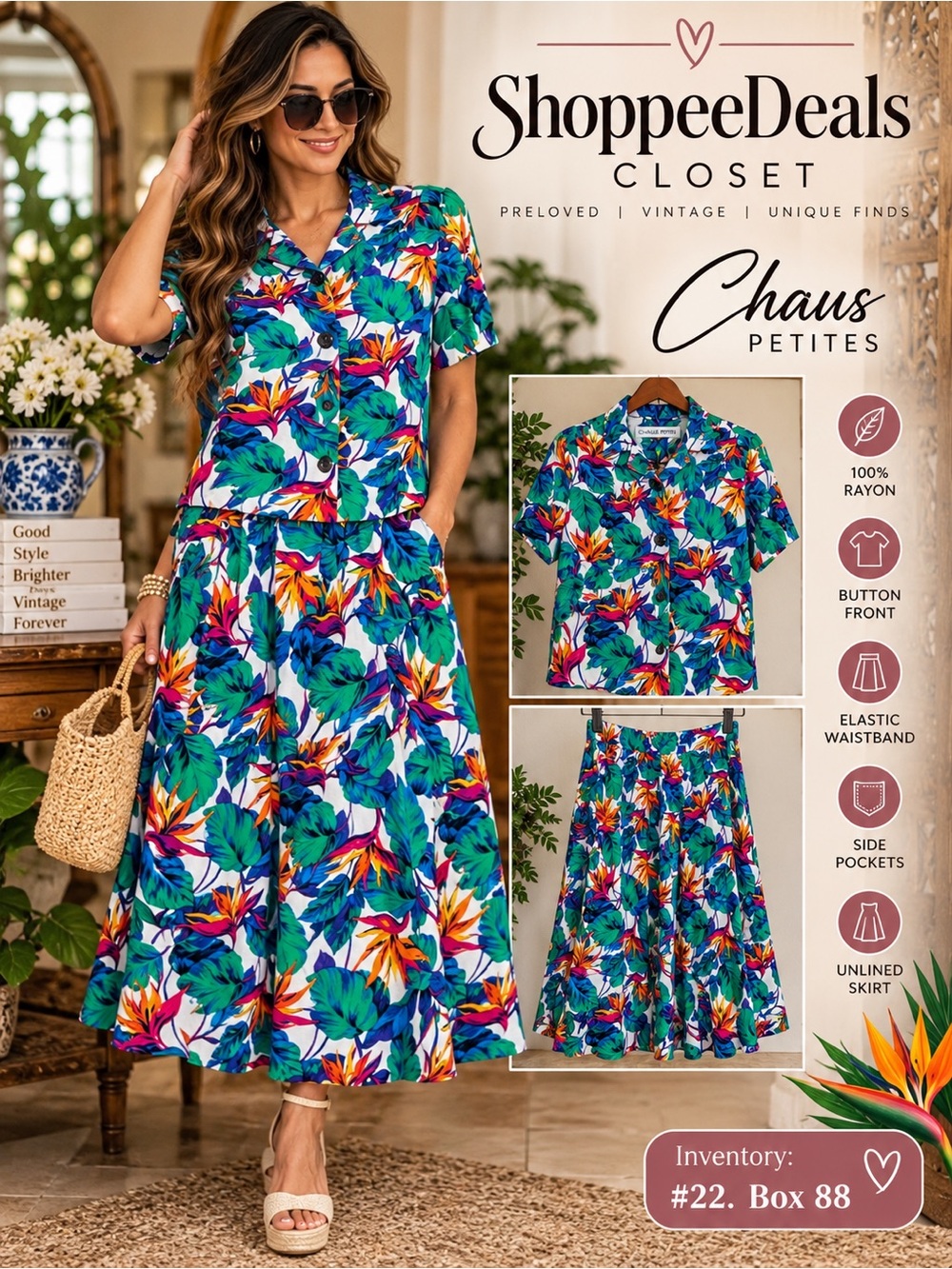 Vintage Chaus Petites Tropical Bird of Paradise Rayon 2 Piece Skirt Set Petite